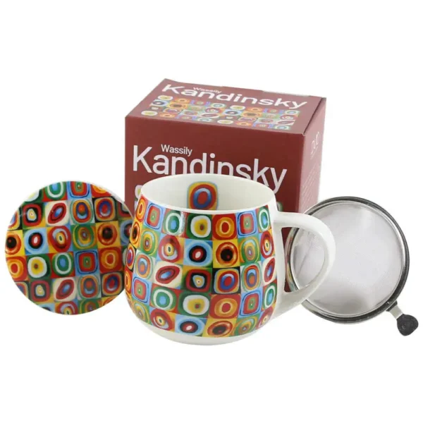 Cană porțelan cu infuzor metalic și capac 430 ml „Squares with Circles” de W. Kandinsky în cutie decorativă