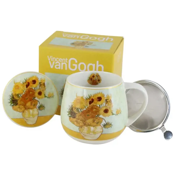 Cană porțelan cu infuzor metalic și capac 430 ml, „Sunflowers” de V. van Gogh, în cutie decorativă